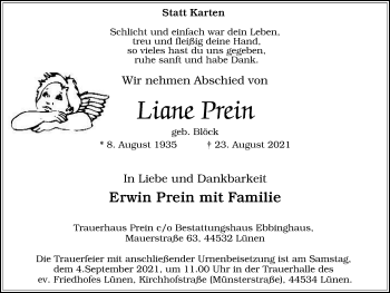 Traueranzeige von Liane Prein von WVW Anzeigenblätter