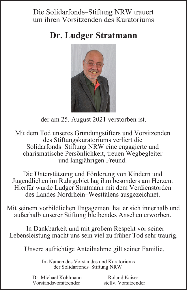  Traueranzeige für Ludger Stratmann vom 28.08.2021 aus WVW Anzeigenblätter