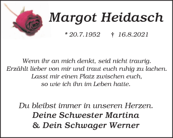 Traueranzeige von Margot Heidasch von WVW Anzeigenblätter
