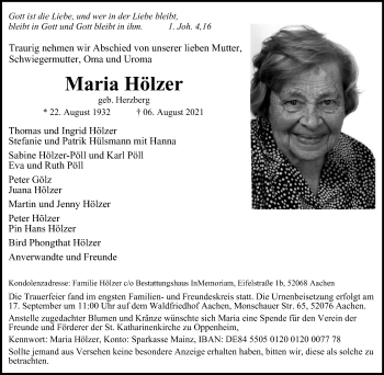 Traueranzeige von Maria Hölzer von WVW Anzeigenblätter