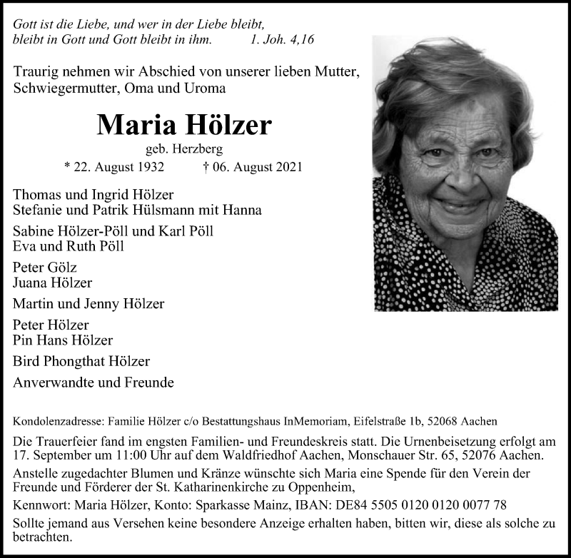  Traueranzeige für Maria Hölzer vom 21.08.2021 aus WVW Anzeigenblätter