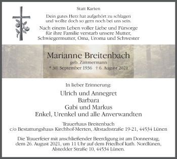 Traueranzeige von Marianne Breitenbach von WVW Anzeigenblätter