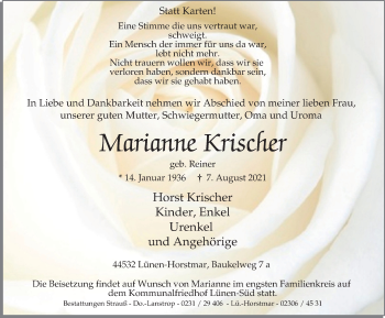 Traueranzeige von Marianne Krischer von WVW Anzeigenblätter