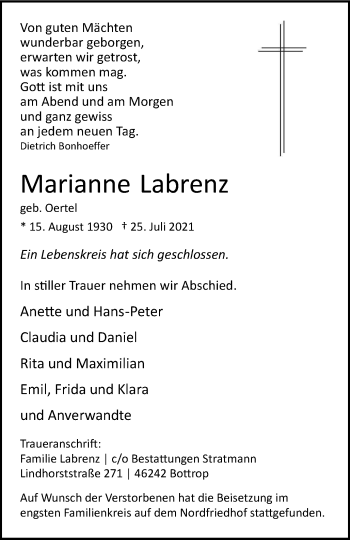 Traueranzeige von Marianne Labrenz von WVW Anzeigenblätter