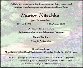 Traueranzeige von Marion Nitschke von WVW Anzeigenblätter