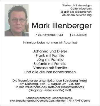 Traueranzeige von Mark Illenberger von WVW Anzeigenblätter