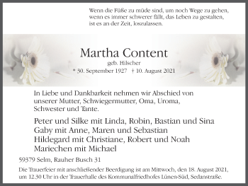 Traueranzeige von Martha Content von WVW Anzeigenblätter