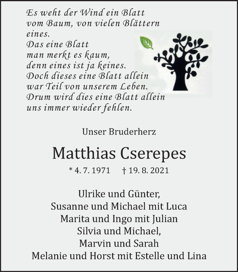  Traueranzeige für Matthias Cserepes vom 25.08.2021 aus WVW Anzeigenblätter