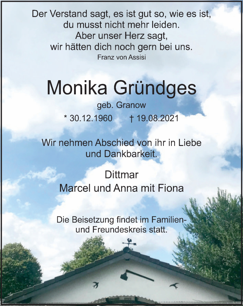  Traueranzeige für Monika Gründges vom 25.08.2021 aus WVW Anzeigenblätter