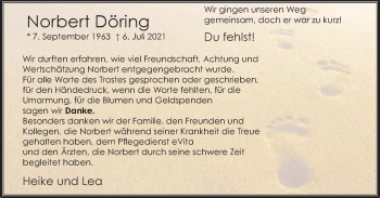 Traueranzeige von Norbert  Döring von WVW Anzeigenblätter