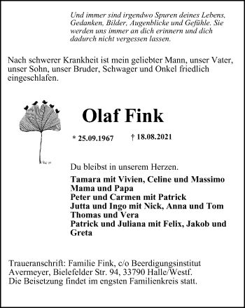 Traueranzeige von Olaf Fink von WVW Anzeigenblätter
