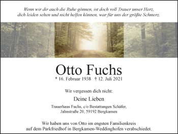 Traueranzeige von Otto Fuchs von WVW Anzeigenblätter