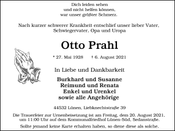 Traueranzeige von Otto Prahl von WVW Anzeigenblätter