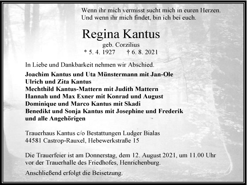  Traueranzeige für Regina Kantus vom 11.08.2021 aus WVW Anzeigenblätter