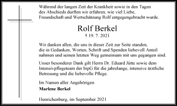Traueranzeige von Rolf Berkel von WVW Anzeigenblätter