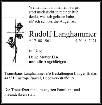 Traueranzeige von Rudolf Langhammer von WVW Anzeigenblätter
