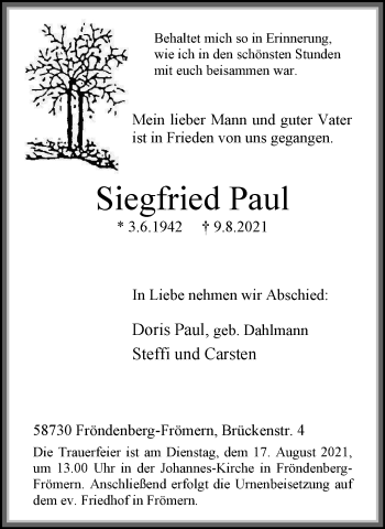 Traueranzeige von Siegfried Paul von WVW Anzeigenblätter