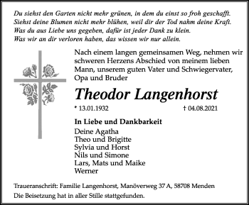 Traueranzeige von Theodor Langenhorst von WVW Anzeigenblätter