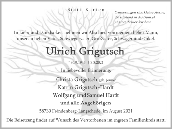Traueranzeige von Ulrich Grigutsch von WVW Anzeigenblätter