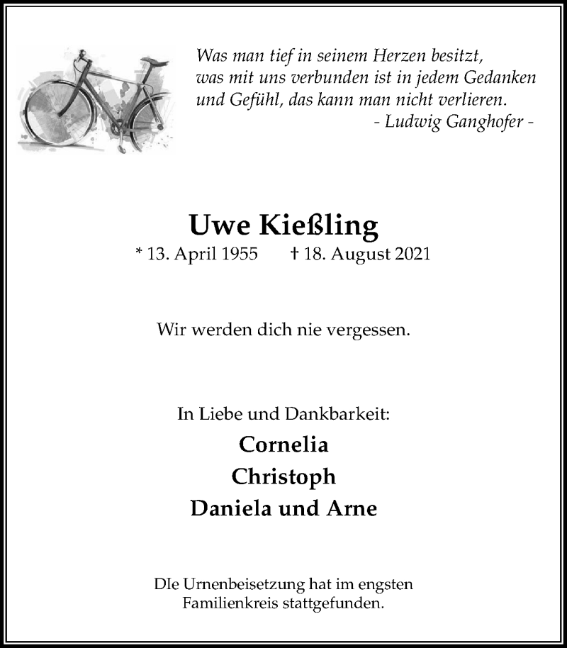  Traueranzeige für Uwe Kießling vom 28.08.2021 aus WVW Anzeigenblätter