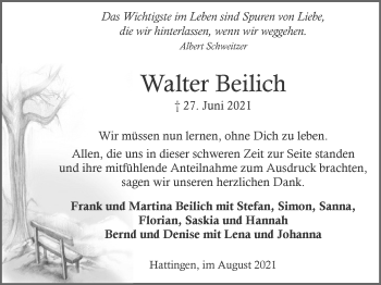 Traueranzeige von Walter Beilich von WVW Anzeigenblätter