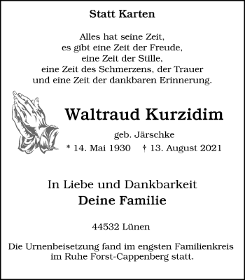 Traueranzeige von Waltraud Kurzidim von WVW Anzeigenblätter