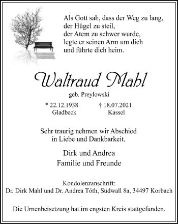 Traueranzeige von Waltraud Mahl von WVW Anzeigenblätter