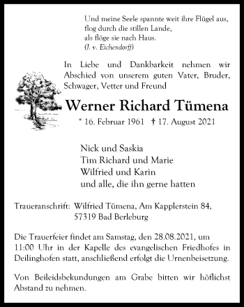 Traueranzeige von Werner Richard Tümena von WVW Anzeigenblätter
