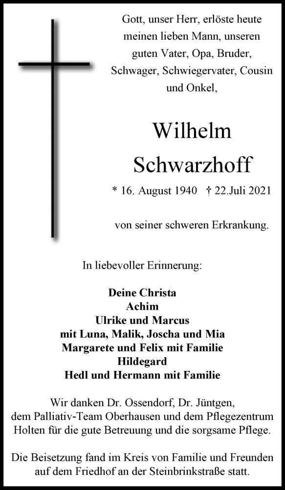  Traueranzeige für Wilhelm Schwarzhoff vom 07.08.2021 aus WVW Anzeigenblätter