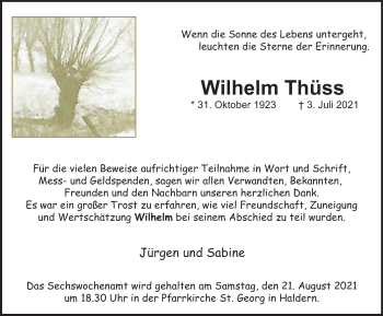 Traueranzeige von Wilhelm Thüss von WVW Anzeigenblätter