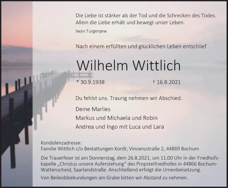  Traueranzeige für Wilhelm Wittlich vom 21.08.2021 aus WVW Anzeigenblätter