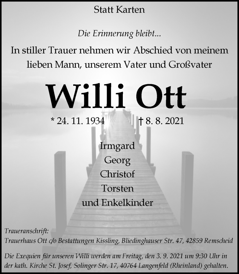  Traueranzeige für Willi Ott vom 28.08.2021 aus WVW Anzeigenblätter