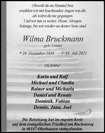Traueranzeige von Wilma Bruckmann von WVW Anzeigenblätter