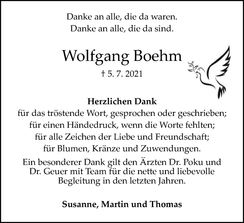  Traueranzeige für Wolfgang Boehm vom 28.08.2021 aus WVW Anzeigenblätter