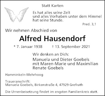 Traueranzeige von Alfred Hausendorf von WVW Anzeigenblätter