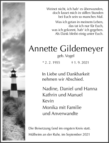 Traueranzeige von Annette Gildemeyer von WVW Anzeigenblätter