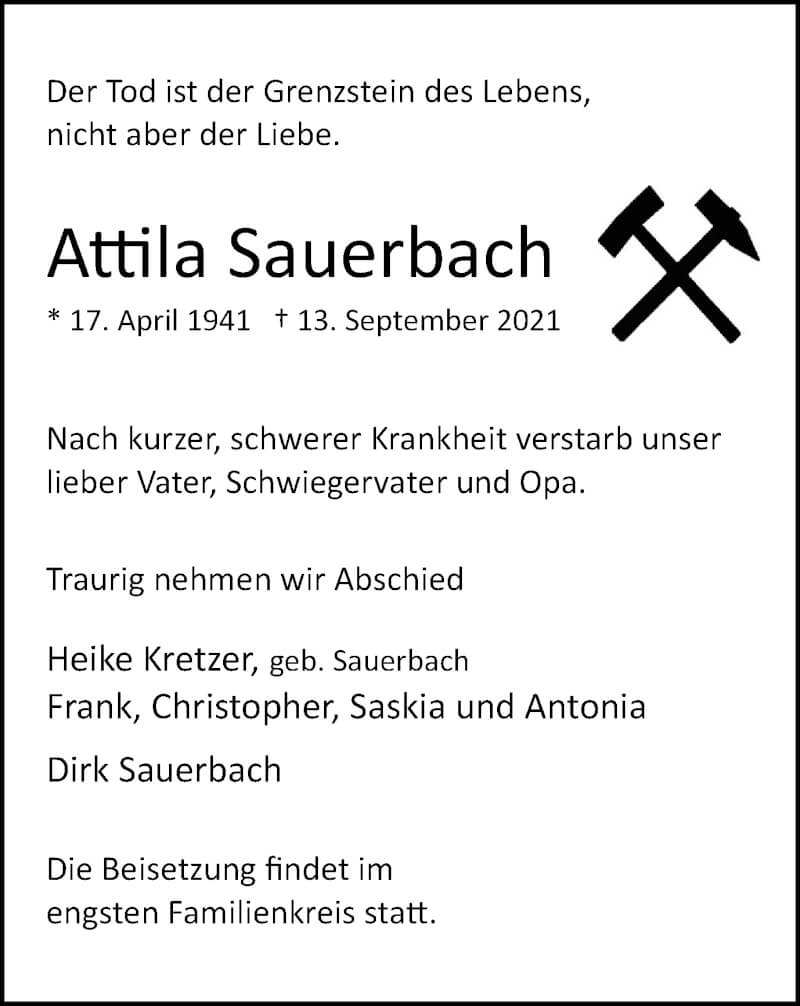  Traueranzeige für Attila Sauerbach vom 18.09.2021 aus WVW Anzeigenblätter