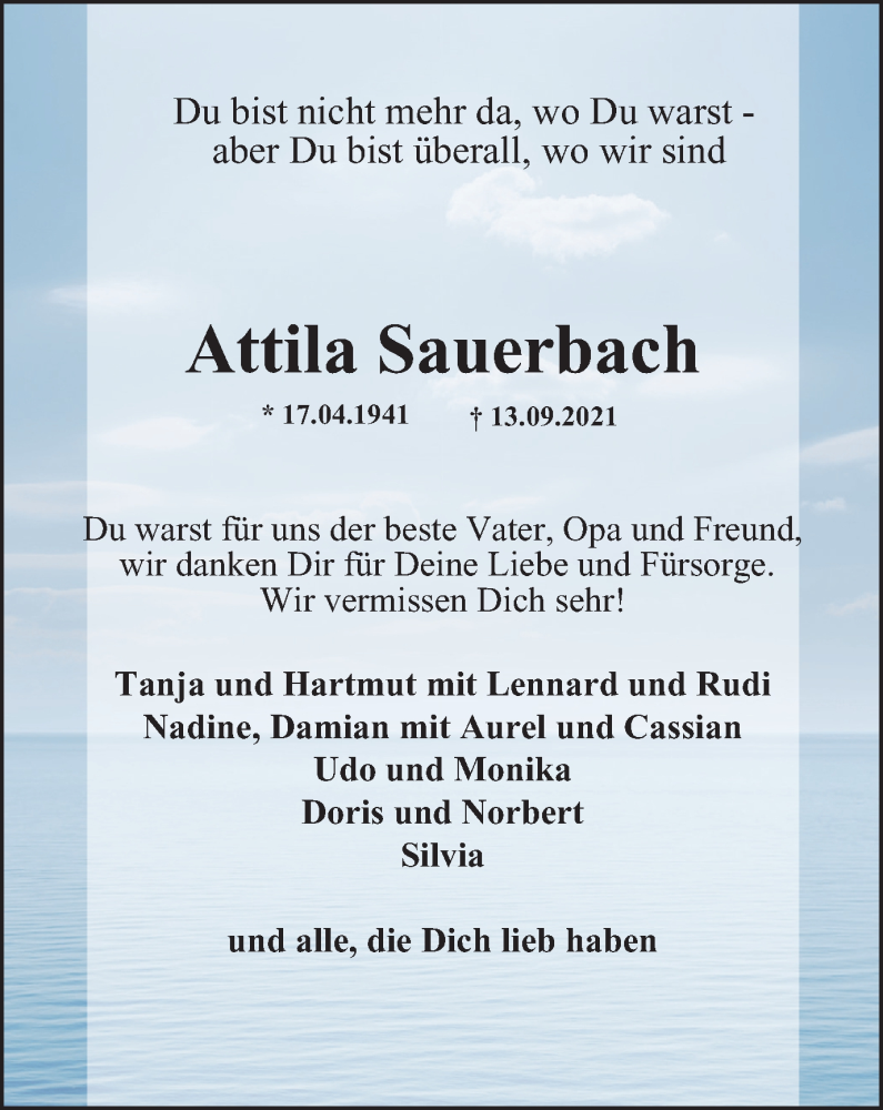  Traueranzeige für Attila Sauerbach vom 22.09.2021 aus WVW Anzeigenblätter