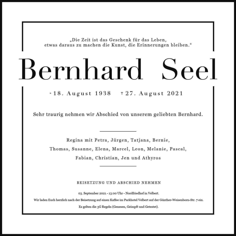  Traueranzeige für Bernhard Seel vom 01.09.2021 aus WVW Anzeigenblätter