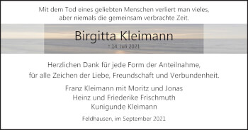 Traueranzeige von Birgitta Kleimann von WVW Anzeigenblätter