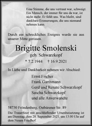 Traueranzeige von Brigitte Smolenski von WVW Anzeigenblätter