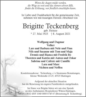 Traueranzeige von Brigitte Teckenberg von WVW Anzeigenblätter