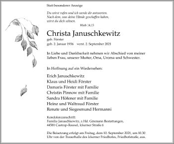 Traueranzeige von Christa Januschkewitz von WVW Anzeigenblätter