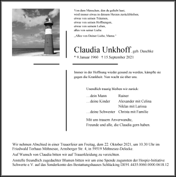 Traueranzeige von Claudia Unkhoff von WVW Anzeigenblätter