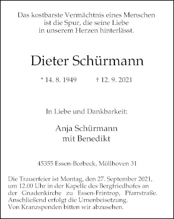 Traueranzeige von Dieter Schürmann von WVW Anzeigenblätter