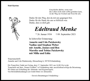 Traueranzeige von Edeltraud Menke von WVW Anzeigenblätter
