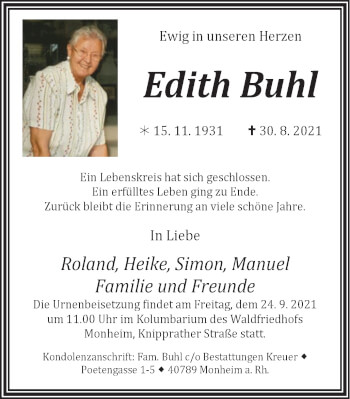 Traueranzeige von Edith Buhl von WVW Anzeigenblätter