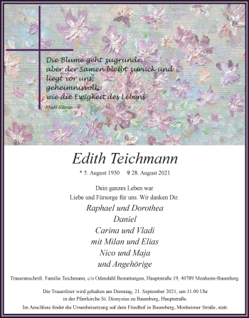Traueranzeige von Edith Teichmann von WVW Anzeigenblätter