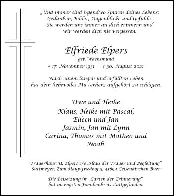 Traueranzeige von Elfriede Elpers von WVW Anzeigenblätter