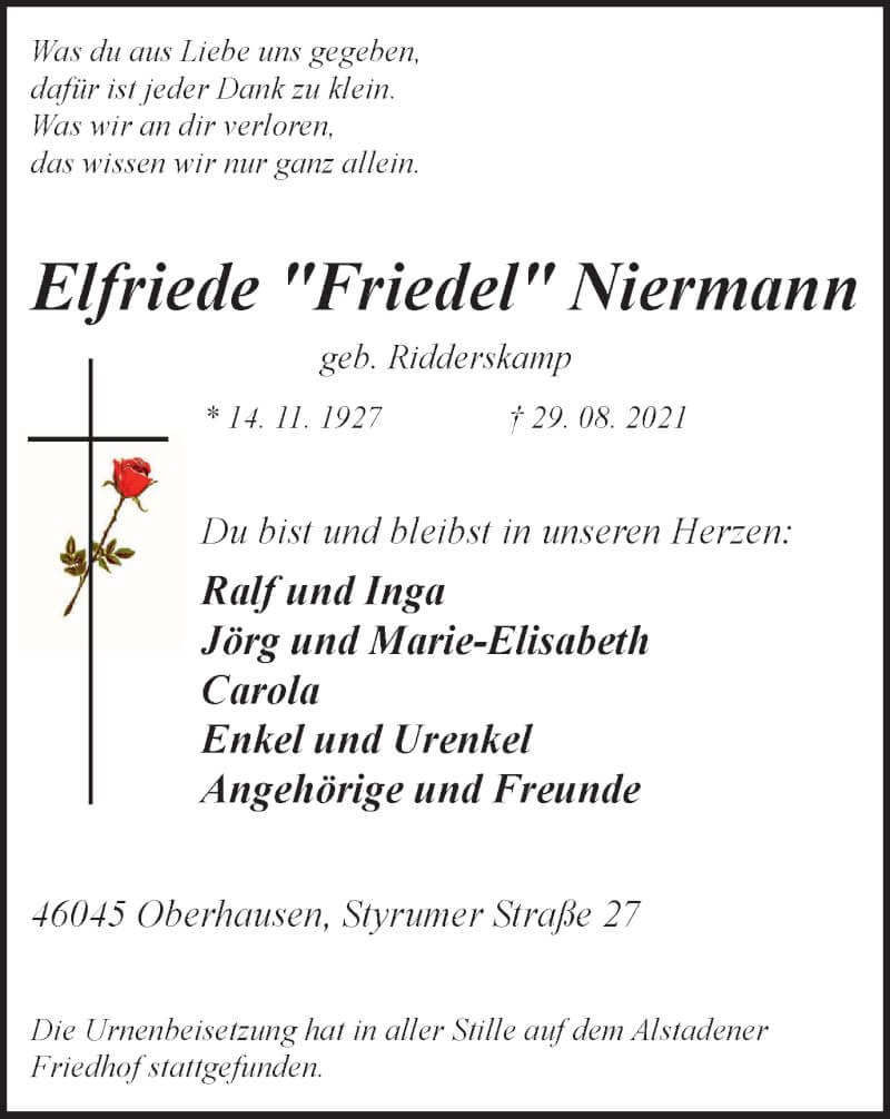  Traueranzeige für Elfriede Niermann vom 18.09.2021 aus WVW Anzeigenblätter